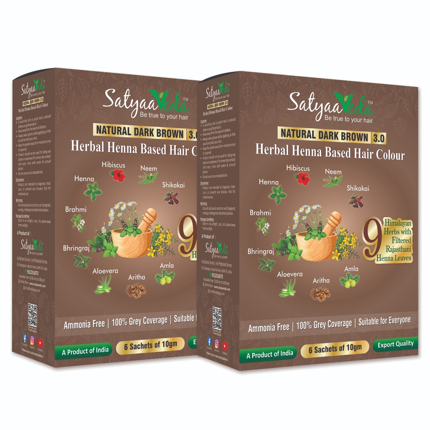 SatyaaVeda Herbal Dark Brown Hair Colour | Ammonia-Free | 60g