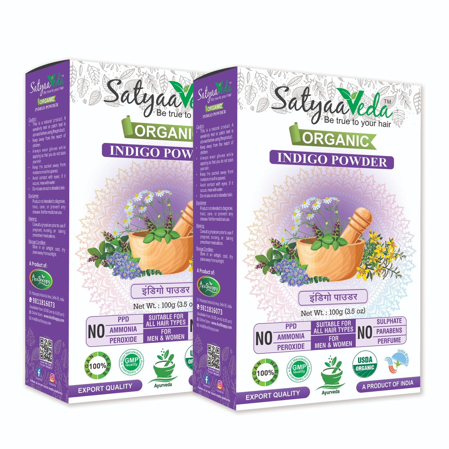 SatyaaVeda 100% Organic Indigo Hair Colour | Plant-Based, PPD-Free, Safe & Gentle Formula | 100g